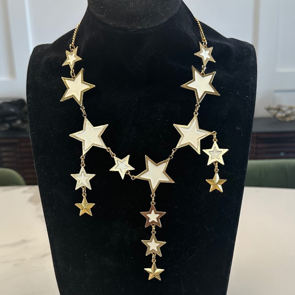 TOVA Gold and White Enamel Star Drop Necklace -16 in. with 1.75 in. extender
